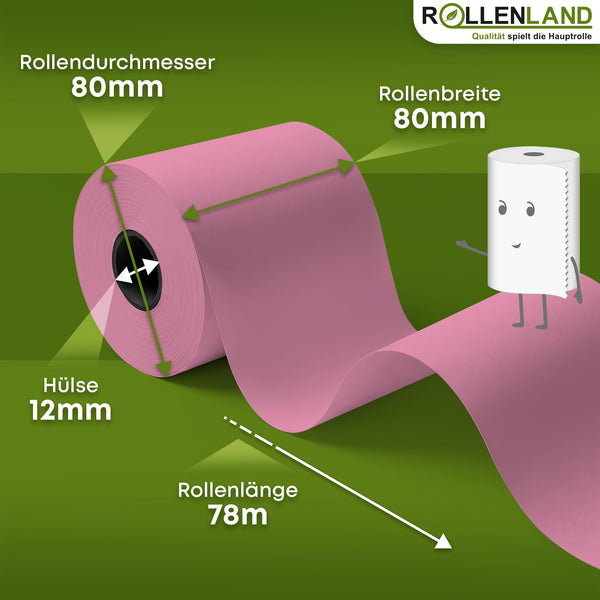 30 farbige Thermorollen 80x80x12, 78 m, 55g, ohne Bisphenol-A (BPA), rosa