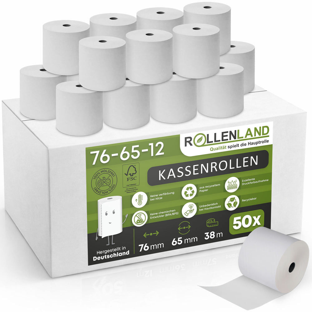 50 Kassenrollen 76x65x12, 40 m