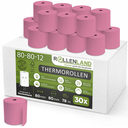 30 farbige Thermorollen 80x80x12, 78 m, 55g, ohne Bisphenol-A (BPA), rosa