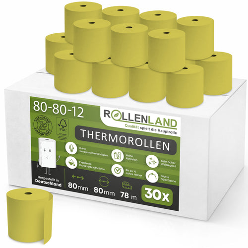 Karton mit 30 farbige Thermorollen 80x80x12, 78 m, 55g, ohne Bisphenol-A (BPA), gelb