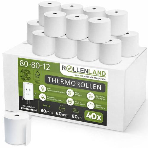 Karton mit 40 Thermorollen 80x80x12, 80 m, ohne Bisphenol-A (BPA), mit rotem Apotheken „A“