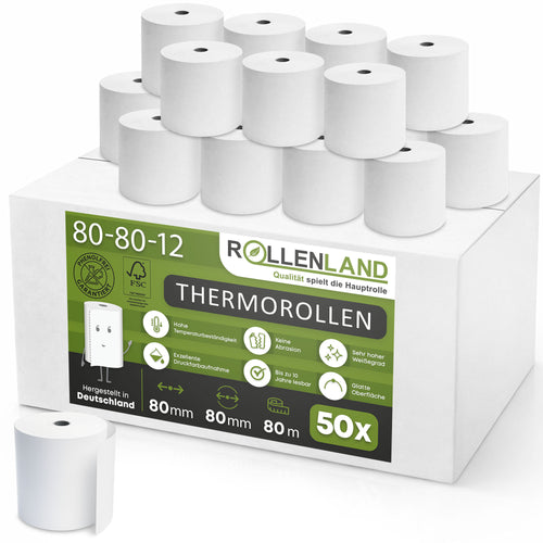 Karton mit 50 Thermorollen 80x80x12, 80 m ohne Phenol (BPA,BPC,BPS), 55g/qm